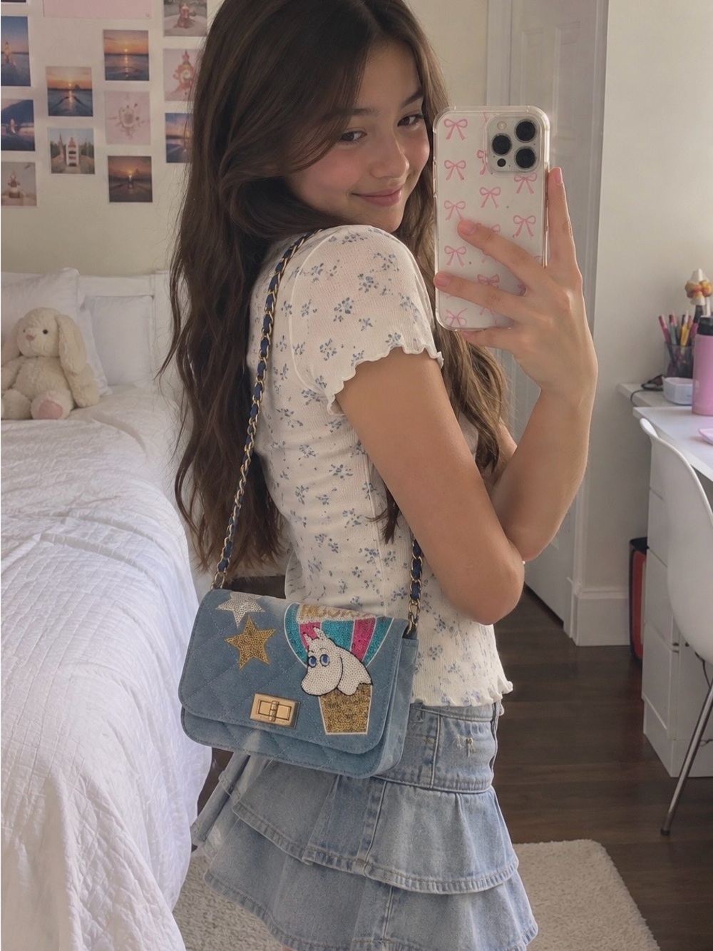 Denim Mini Shoulder Bag with Unicorn Patch - Blue
